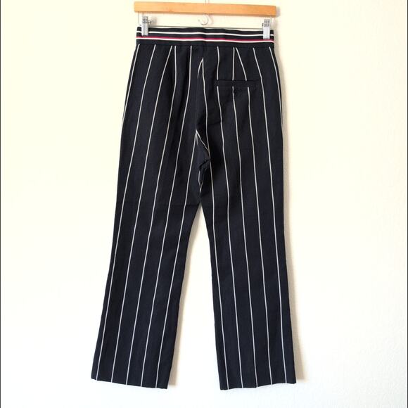 SANDRO Pants Navy White Striped Cotton Linen Boot Flare Womens Trouser 36FR 4US - Picture 3 of 7